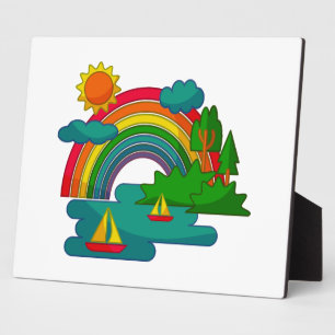 Bootslandschaft unter Sonnenwolken und Regenbogen Fotoplatte