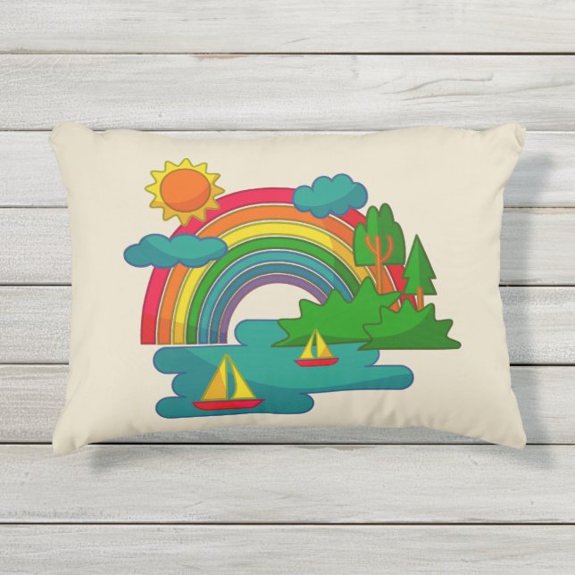 Bootslandschaft unter Sonnenwolken und Regenbogen Kissen Für Draußen (Vorderseite)