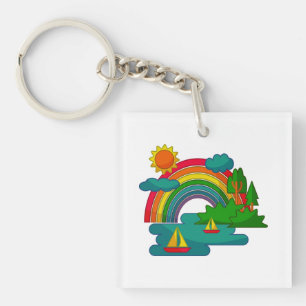 Bootslandschaft unter Sonnenwolken und Regenbogen Schlüsselanhänger