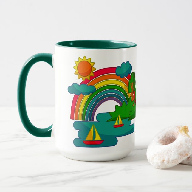 Bootslandschaft unter Sonnenwolken und Regenbogen Tasse (Mit Donut)