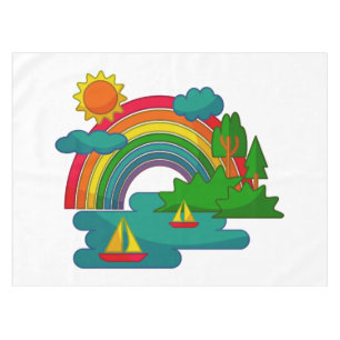 Bootslandschaft unter Sonnenwolken und Regenbogen Tischdecke