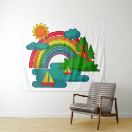 Bootslandschaft unter Sonnenwolken und Regenbogen Wandteppich