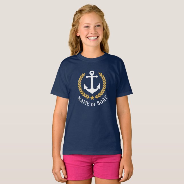 Bootsname Anchor Gold Laurel Verlasse Marinemädche T-Shirt (Vorne ganz)