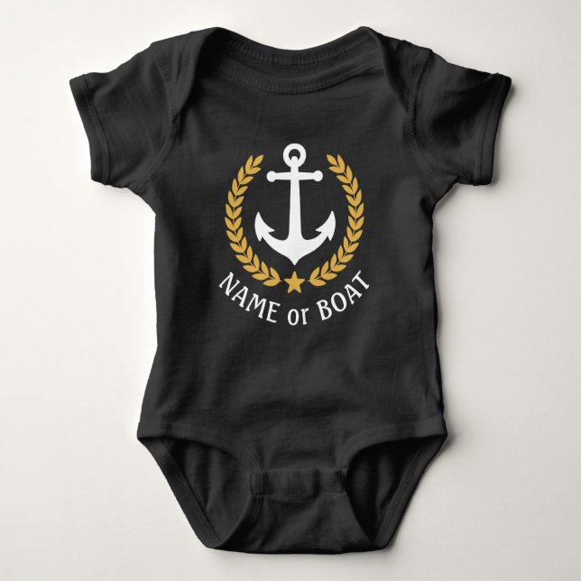 Bootsname Nautical Anchor Gold Laurel Blätter Star Baby Strampler (Vorderseite)