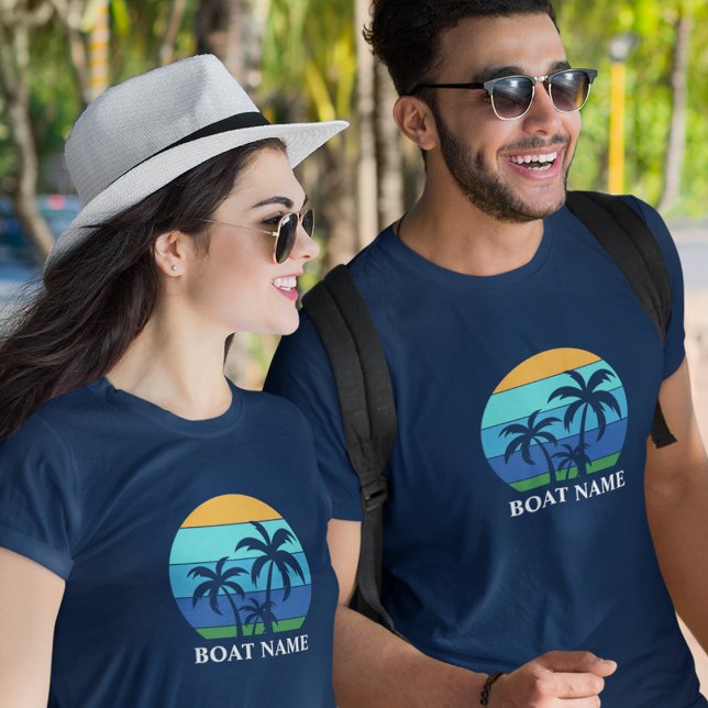 Bootsname Sun Palm Trees Blue T-Shirt (Customize to change text size or text style.)
