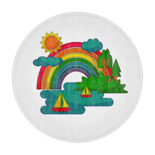 Bootsreiselandschaft unter Sonnenwolken und Regenb Schneidebrett