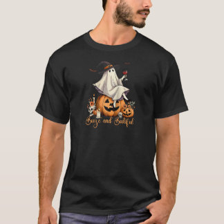Booze Bootiful Ghost Drinking Coquette Bow Hallowe T-Shirt