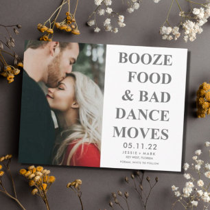 Booze, Food, Bad Dance Moves Funny Save the Dates Ankündigungspostkarte