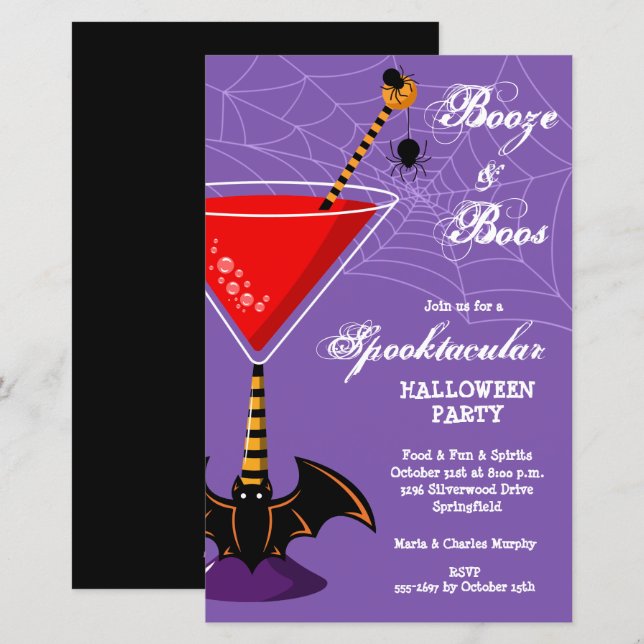Booze und Boos Martini Haushalt Halloween Einladun (Vorne/Hinten)