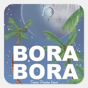 Bora Bora Moon Travel Poster Quadratischer Aufkleber