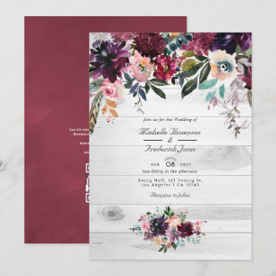 Bordeaux Blumen Garten QR Code RSVP Hochzeits Einl Einladung