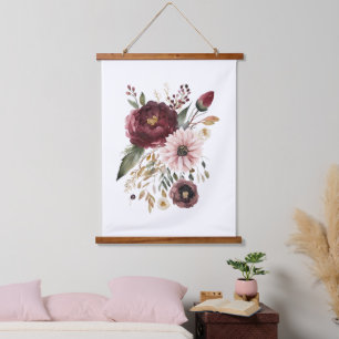 Bordeaux Burgunder Rosa Wasserfarbe Floral Botanis Wandteppich Mit Holzrahmen