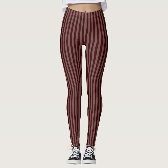 Bordeaux-einfarbige, senkrechte dünne Streifen Leggings (Vorderseite)