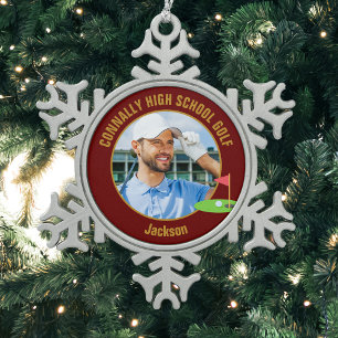 Bordeaux-Gold-Golfer-Foto High School Golf-Mannsch Schneeflocken Zinn-Ornament