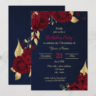 Bordeaux Goldblühmarinebar Geburtstagsparty Einladung