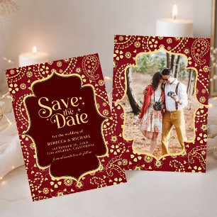 Bordeaux-goldenes Paisley Bollywood-Stil indische Save The Date