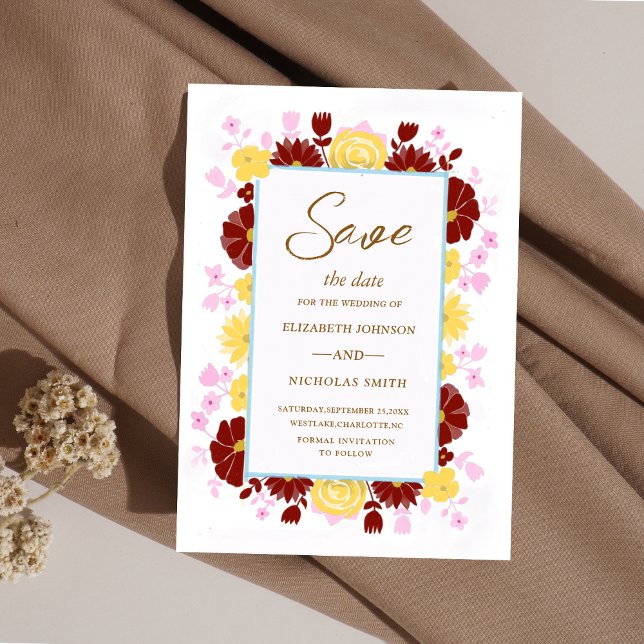 Bordeaux-Hochzeit in Rosa und Gelb Save The Date (Von Creator hochgeladen)