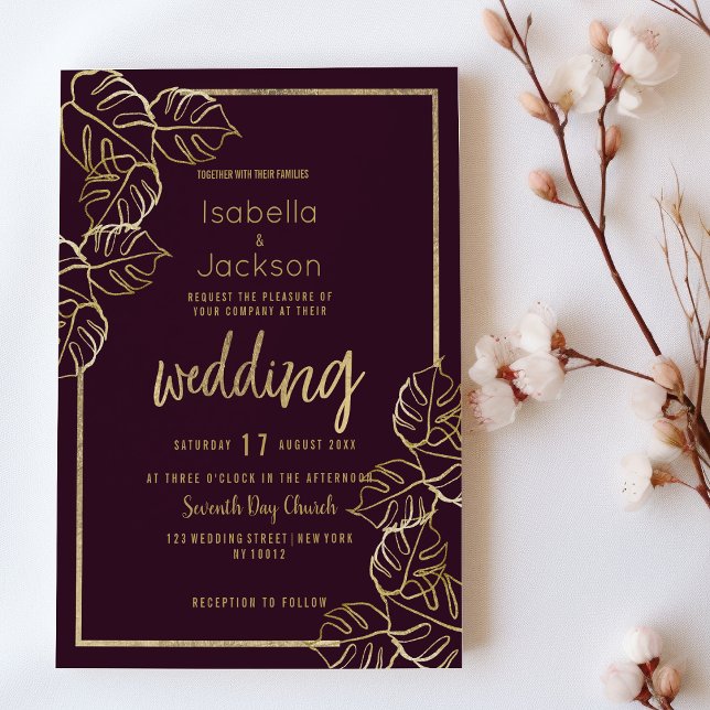 Bordeaux-Hochzeit in Rotem Gold Einladung (Bordeaux deep rich red gold floral Wedding)