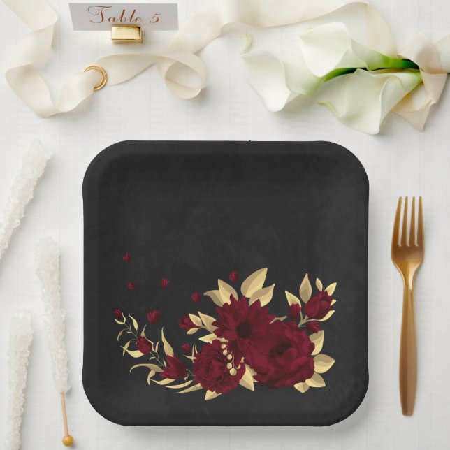 Bordeaux mit Chic und schwarz mit Gold Pappteller (Hochzeit)
