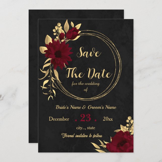Bordeaux mit Chic und schwarz mit Gold Save The Date (Vorne/Hinten)