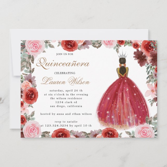 Bordeaux-Prinzessin Quinceanera Einladung (Vorderseite)