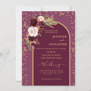 Bordeaux Red Blush   Moderne Hochzeit in Goldrahme Einladung