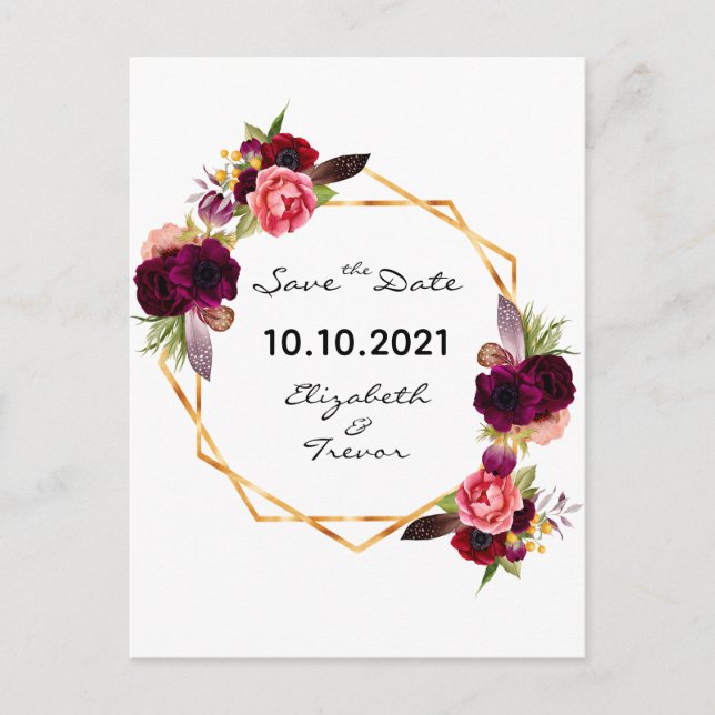 Bordeaux-Rose Save the Date Hochzeitgold Ankündigungspostkarte (Vorderseite)