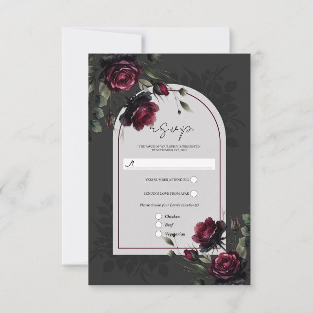 Bordeaux-Rote Rosen Schadowy-Hochzeit RSVP Karte (Vorderseite)