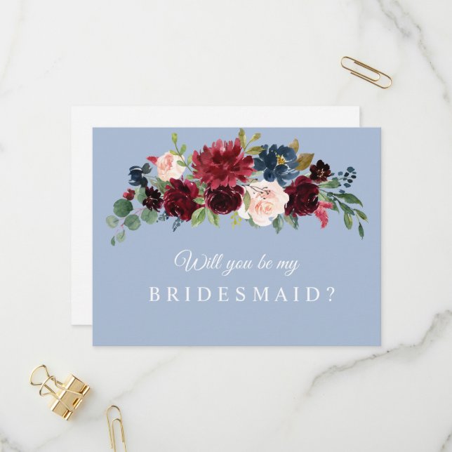 Bordeaux-staubblau werden Sie meine Bridesmaid-Kar Einladungspostkarte (Vorderseite/Rückseite Beispiel)