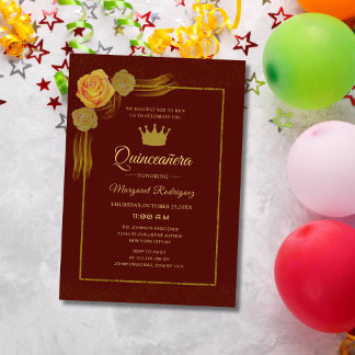 Bordeaux und Goldblütenklassiker Quinceñera Einladung