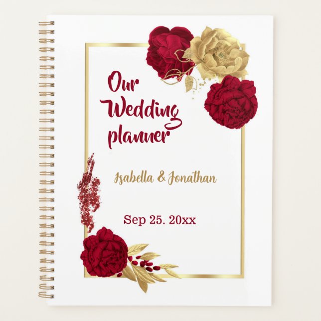 Bordeaux- und Goldhochzeit-Blume Planer (Vorderseite)