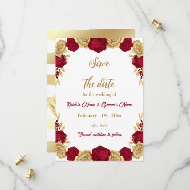 Bordeaux- und Goldhochzeit-Blume Save The Date (Vorderseite/Rückseite Beispiel)
