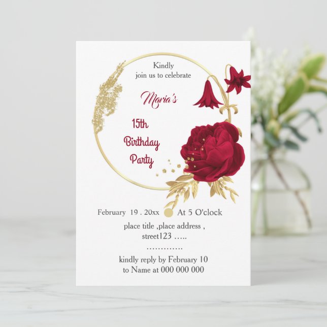 Bordeaux- und Goldkranz-Blume zum Geburtstag Einladung (Stehend Vorderseite)