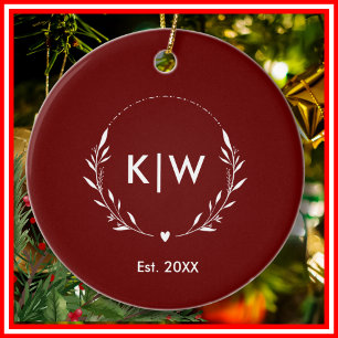 Bordeaux und Weiß Moderne Initialen-Monogramm Keramik Ornament