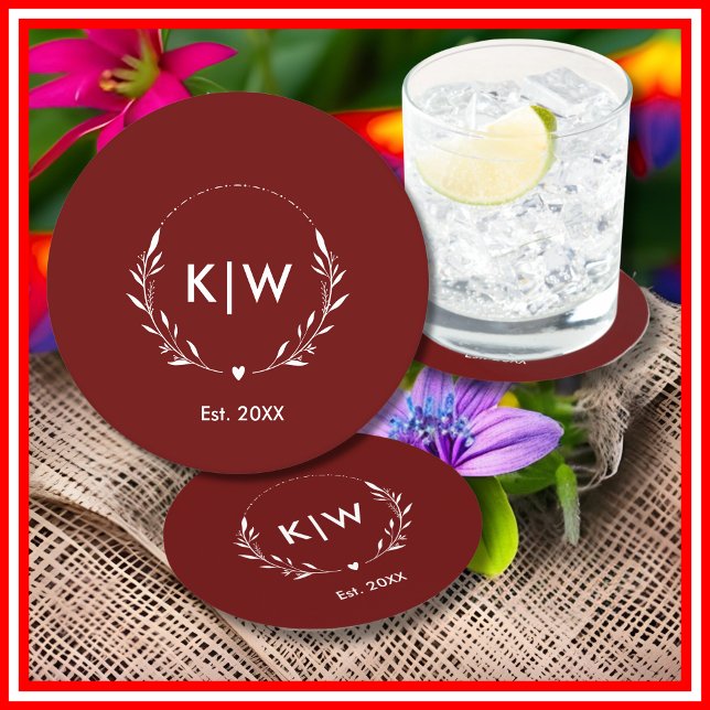 Bordeaux und Weiß | Monogram für moderne Initials Runder Pappuntersetzer (Von Creator hochgeladen)