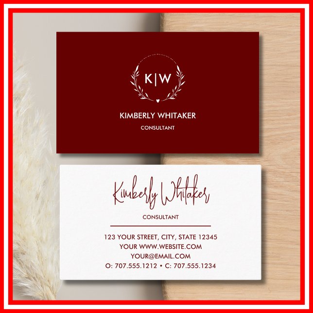 Bordeaux und Weiß | Monogram für moderne Initials Visitenkarte (Von Creator hochgeladen)