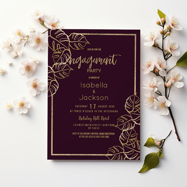 Bordeaux-Verlobung Einladung (Bordeaux deep rich red gold floral Engagement)