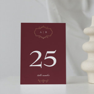 Bordeaux-Wappen-Monogramm-Hochzeit Tischnummer