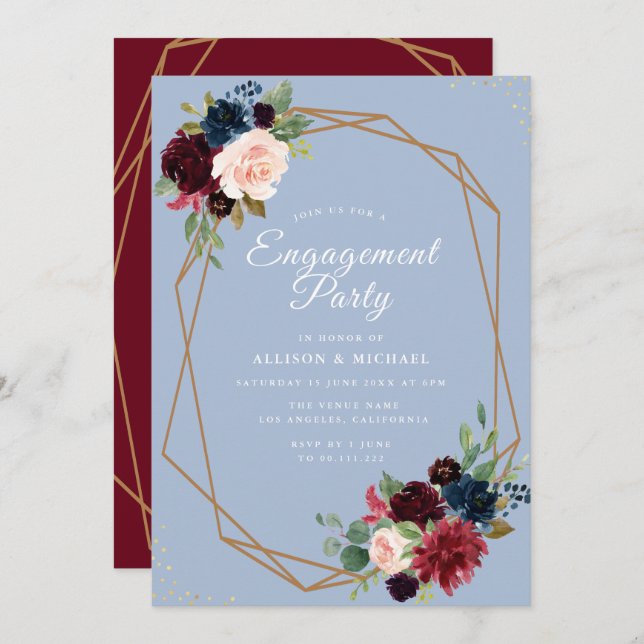 bordeauxblaue, blühende geometrische Verlobung Einladung (Vorne/Hinten)