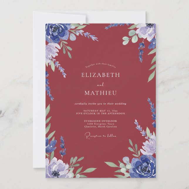 Bordeauxblaue Hochzeit mit Immergrün Einladung (Vorderseite)