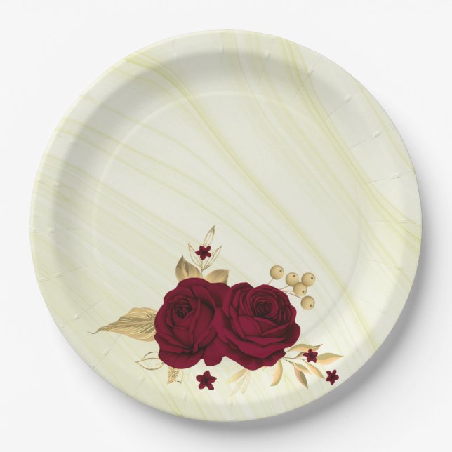 bordeauxfarbene Blume, goldene Blätter aus Marmor Pappteller (Vorderseite)