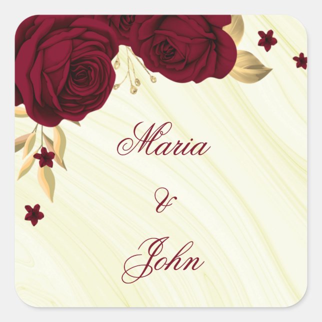 bordeauxfarbene Blume, goldene Blätter Quadratischer Aufkleber (Vorderseite)