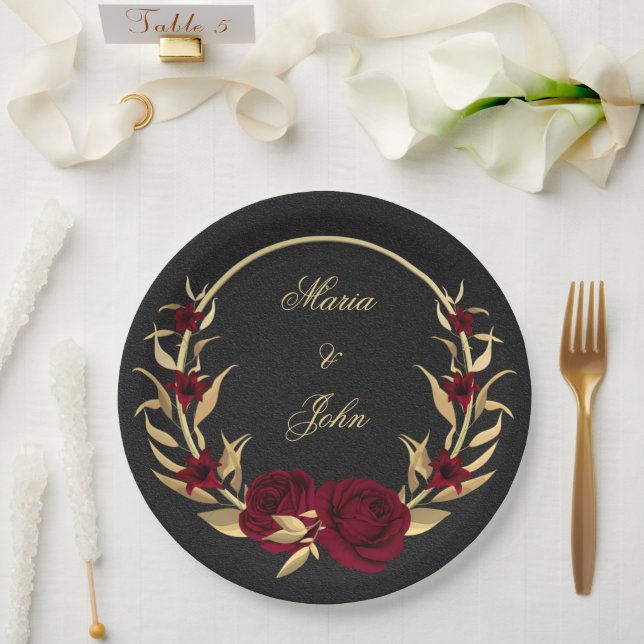 bordeauxfarbene Blume goldene Blätter schwarz Pappteller (Hochzeit)