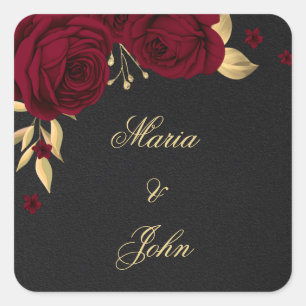 bordeauxfarbene Blume, goldene Blätter schwarz Quadratischer Aufkleber