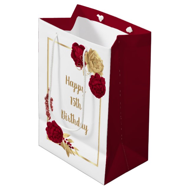 bordeauxfarbene Blume Mittlere Geschenktüte (Vorderseite Schrägansicht)