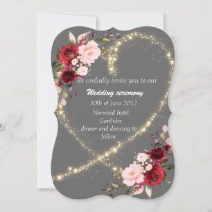 bordeauxfarbenes Blumenherz & Glitzer, Hochzeit ei Einladung