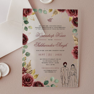 Bordeauxrote Aquarellrosen Florale Sikh-Hochzeit Acryleinladungen