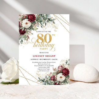 Bordeauxrote Blumen 80. Geburtstag Einladung