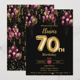 Bordeauxrote und goldene Luftballons Konfetti 70.  Einladung