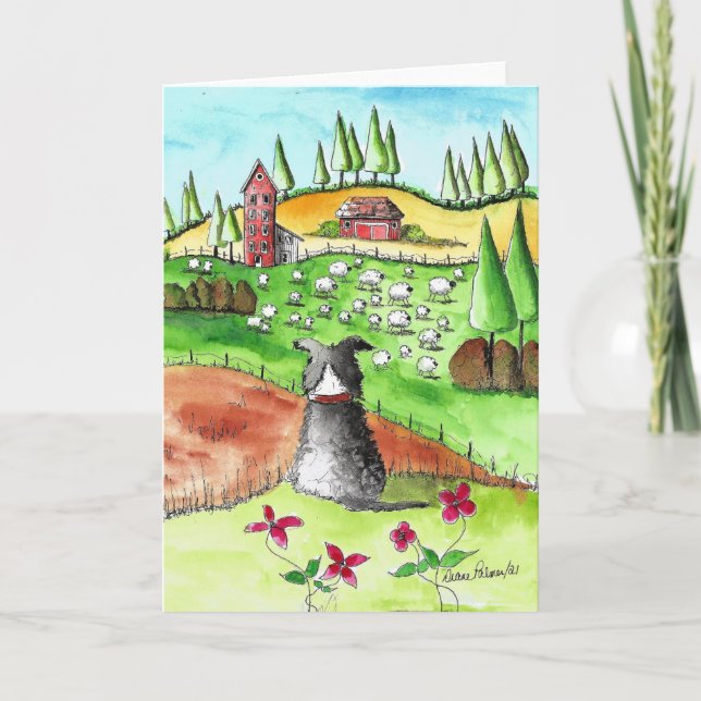 Border Collie and Sheep, Wassercolor Folk Card Karte (Vorderseite)